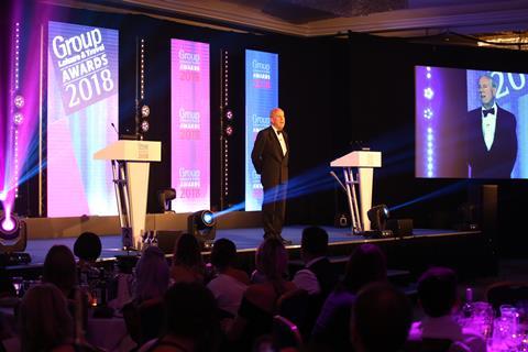 Gyles Brandreth speaking after dinner, at the Group Leisure & Travel Awards 2018