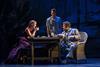 Cast members of Aspects of Love sat around the table. From left: Lauar Pitt-Pulford as Rose Vibert, Jamie Bogyo as Alex Dillingham and Michael Ball as George Dillingham.