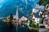 Hallstatt village in Alps at dusk, Austria.