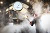 A train driver with lots of steam at the North Yorkshire Moors Railway